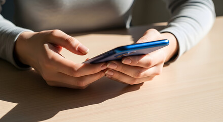Fototapeta premium Close up of a woman's hands holding and using a blue smartphone over a wooden desk in bright sunlight