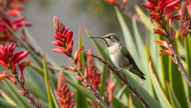 Slowmotion of a juvenile male Costa's hummingbird visits some red yucca flowers in early morning light.
