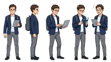 Obraz premium Young man in various poses with backpack and devices.