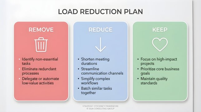 Professional load reduction plan infographic featuring three colorful boxes with icons for business efficiency improvement strategies