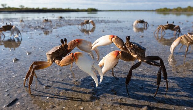 Male fiddler crabs are fighting each other on the muddy tidal flat, Northern Australia.
