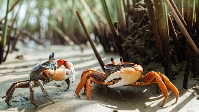 Male fiddler crabs are fighting each other on the muddy tidal flat, Northern Australia.
