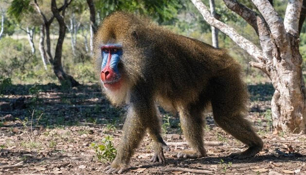 Mandrill (Mandrillus sphinx) in the forest, African savannah, Botswana.
