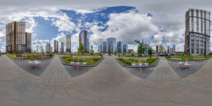 hdri 360 panorama near new skyscrapers and residential complex in full equirectangular seamless spherical projection