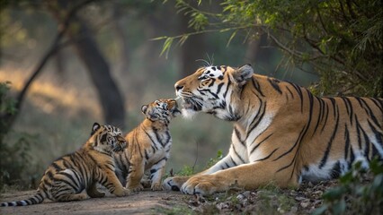 Close up of Royal bengal tiger playing with cubs in the wild.  © pinan