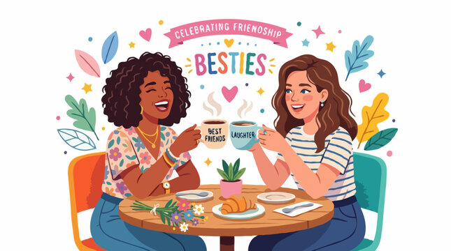 Two women are enjoying coffee and snacks, celebrating their friendship with a toast. The illustration features colorful elements and the text Besties and Celebrating Friendship.