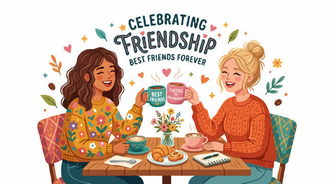 Celebrating Friendship Best Friends Forever illustration of two young women toasting with coffee cups at a table laden with pastries, surrounded by decorative elements