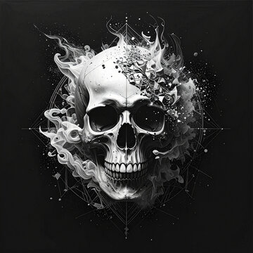 Abstract Skull With Smoke And Geometric Lines On Black