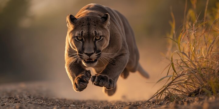 Panther in a startled jump captured from ground view