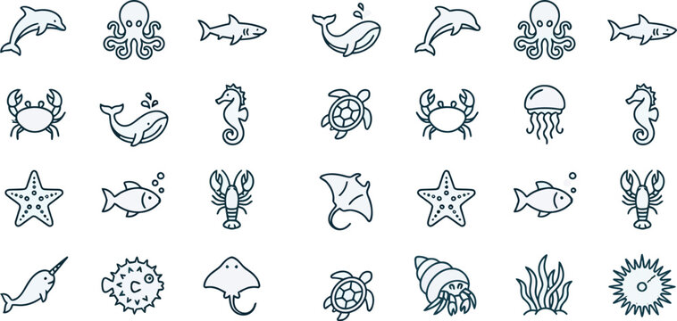 Minimal design icons depict various sea creatures and marine life underwater