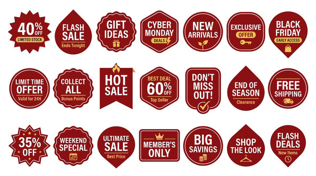 Vector collection of red and gold sale badges, discount labels, and promotional tags. Perfect for retail marketing, e-commerce, and advertising, featuring hot deals and limited offers