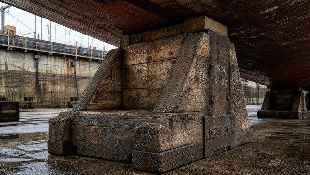 Massive wooden ship chock supporting a hull in a dry dock, industrial maritime setting.