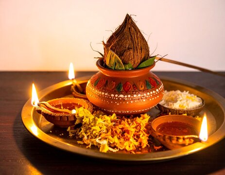 Traditional Karva Chauth Puja Thali with Earthen Pot Diya Sieve and Flowers on Dark Wooden Surface Warm Candlelight