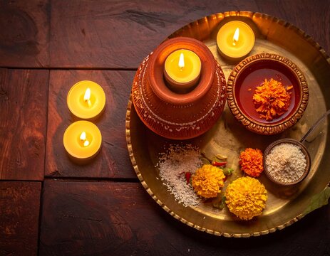 Karva Chauth Puja Thali with Decorated Earthen Pot Lit Diya Sieve and Marigold Flowers Overhead View on Dark Wood