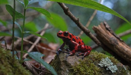 Obraz premium Strawberry poison red dart frog (Oophaga pumilio) in forest, Bocas del Toro island, Panama. People use the frog’s poison for blow darts and arrow poison. 