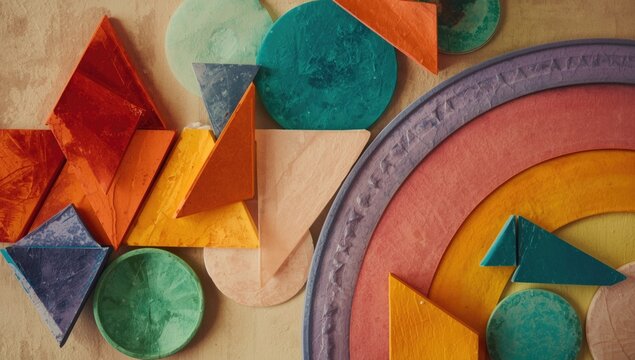 Rainbow colored geometric shapes in midcentury boho downloadable art