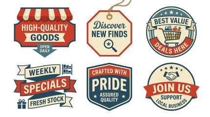 Obraz premium Set of beautifully crafted retro-style vector badges for retail promotions, highlighting superior quality, weekly specials, and local business support