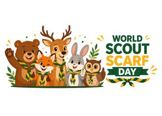 Fototapeta premium World Scout Scarf Day with cute bear, fox, deer, rabbit and owl wearing neckerchiefs and celebrating friendship vector illustration