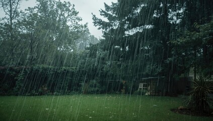 Obraz premium Heavy rain falling in a green backyard with trees