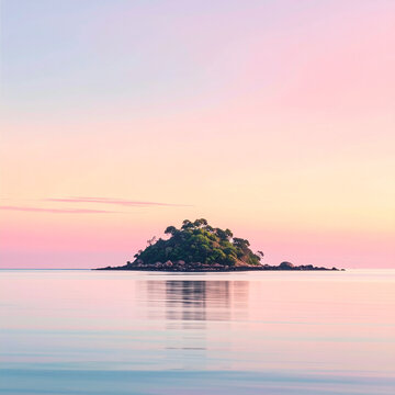 Tropical Island at Sunset with Pink Sky and Calm Water Reflection
