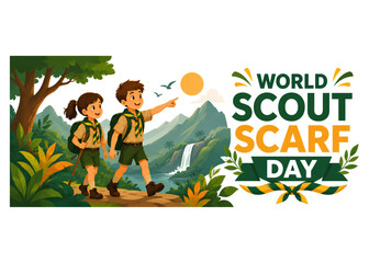Fototapeta premium World Scout Scarf Day children exploring mountain landscape with backpacks and neckerchief uniforms vector illustration
