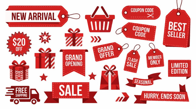 Vector bundle of red and white promotional tags, labels, and ribbons for marketing. Perfect for e-commerce sales, discount offers, and retail advertising campaigns