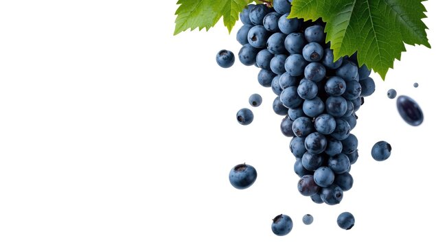 Bunch of blue grapes with leaves on a white background