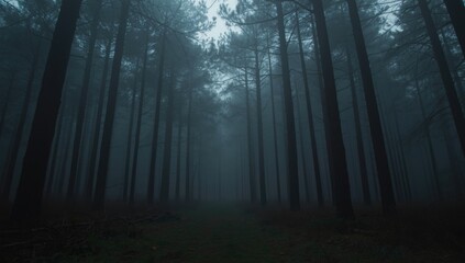 Fototapeta premium Foggy forest with tall pine trees and a narrow pathway