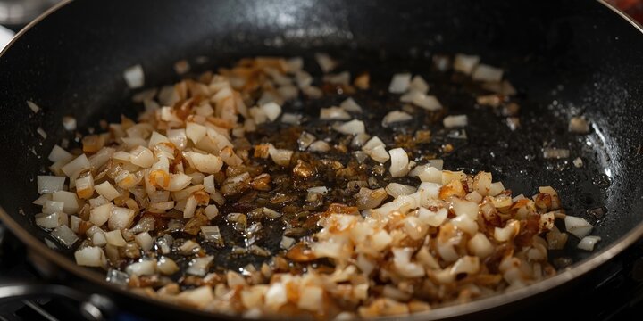 Sauteed onions in a frying pan on the stove