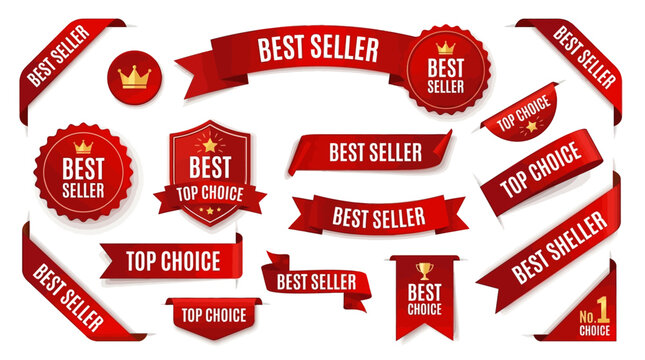 Collection of premium red best seller and top choice vector ribbons, banners, and badges for product promotion and quality recognition on an isolated background