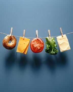 Delightful assortment of fresh ingredients hanging on a string ready for a tasty sandwich