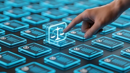 Fototapeta premium Futuristic Legal Compliance Hand Selecting Digital Justice Balance Scale Icon