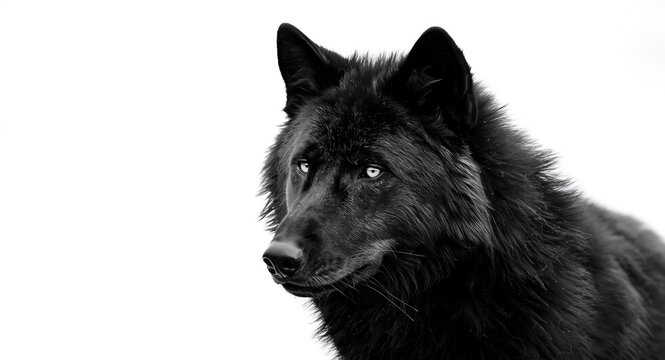 Monochrome portrait of a black wolf on a white background