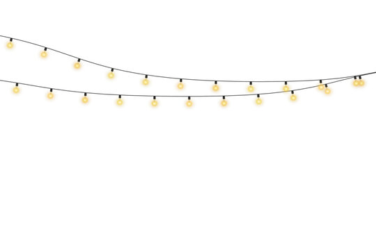 Vector Christmas lights. Christmas garland PNG. Christmas light PNG. Christmas decoration, LED lamps, lights bulbs isolated on transparent background, glowing fairy Christmas garland strings.
