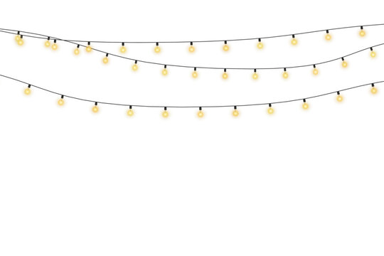 Vibrant Christmas bulbs twinkle with gentle shine, festive garland string light PNG. Lights bulbs isolated on transparent background. Vector New Year party led lamps decorations for holiday card.