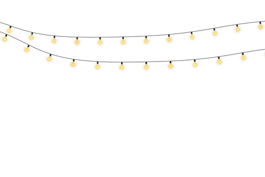 Beautiful Christmas bulbs twinkle with gentle shine, festive garland string light PNG. Lights bulbs isolated on transparent background. Glowing yellow light bulbs with sparkles, Xmas party decor.