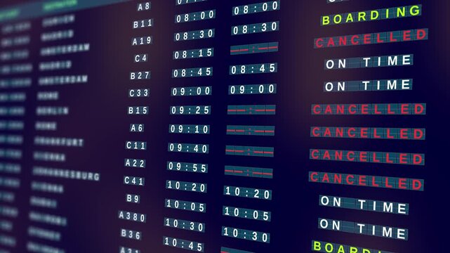Airport departures board showing mass flight cancellations. Electronic schedule board lists multiple cancelled departures due to extreme weather, IT failure or strike 