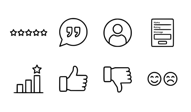Customer feedback icons set reviews quotes profiles forms and reactions