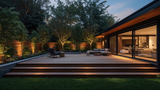 Modern home renovation including timber deck patio and stylish garden illumination