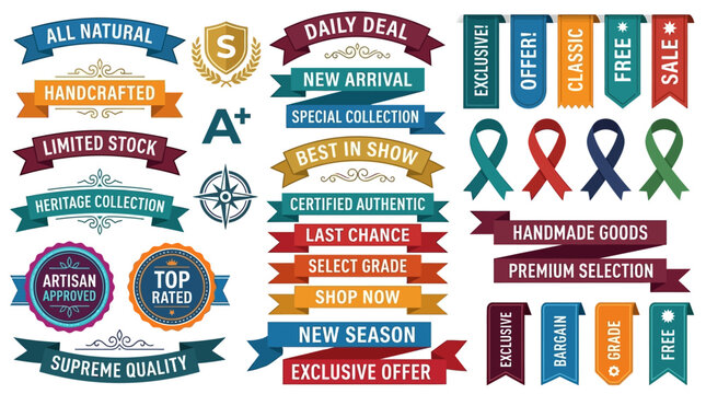 A dynamic digital asset bundle, this premium collection of promotional ribbons, badges, and labels provides a versatile mention vector for modern marketing designs