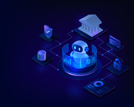 AI Banking Assistant Concept with Fintech Dashboard and Secure Digital Finance Network, Futuristic Isometric Technology Illustration
