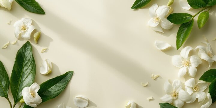 White floral background with jasmine petals and fresh green leaves for tea packaging