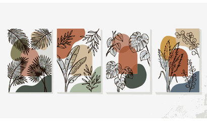 Abstract Botanical Line Art Poster Collection with Tropical Leaves and Modern Organic Shapes Vector Illustration © MstLutfa