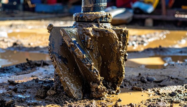 Close-up view of a muddy drill bit from a heavy-duty industrial drilling rig actively excavating the earth, showcasing powerful earthmoving machinery.