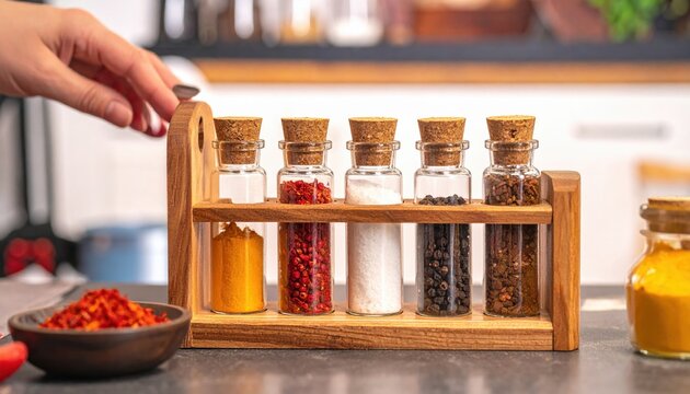 A wooden rack holding six glass spice jars filled with various colorful seasonings, with a hand reaching to select one in a kitchen setting.