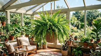 Fototapeta premium A lush, green fern plant hanging from a wooden basket in a sunlit greenhouse, surrounded by other potted plants and a wooden bench with cushions.