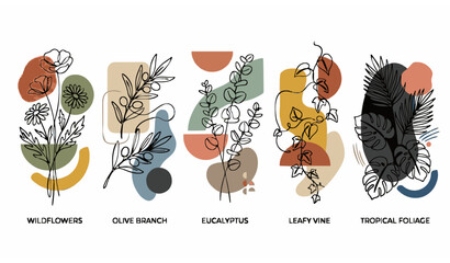 Modern Abstract Plant Wall Art Set with Continuous Line Botanical Illustration and Minimal Shapes © MstLutfa