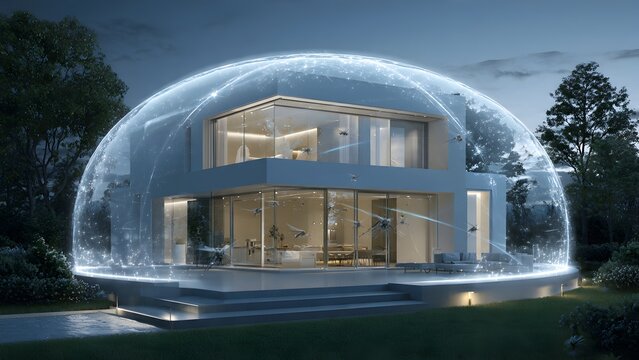 Modern luxury house protected by glowing energy dome shield from flying pests at night