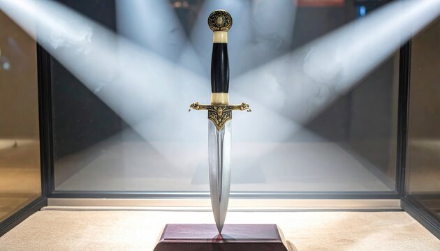 An Ornate Antique Dagger with a Black Handle and Gold Embellishments, Displayed Under Dramatic Spotlights in a Museum Exhibit