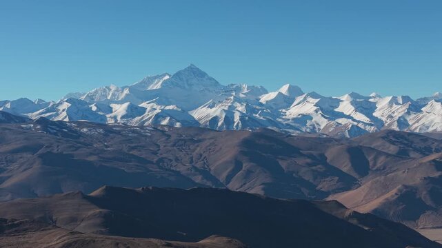 Telephoto drone pan across Mount Everest and Himalayan peaks from Gawula Pass, Tibet, China